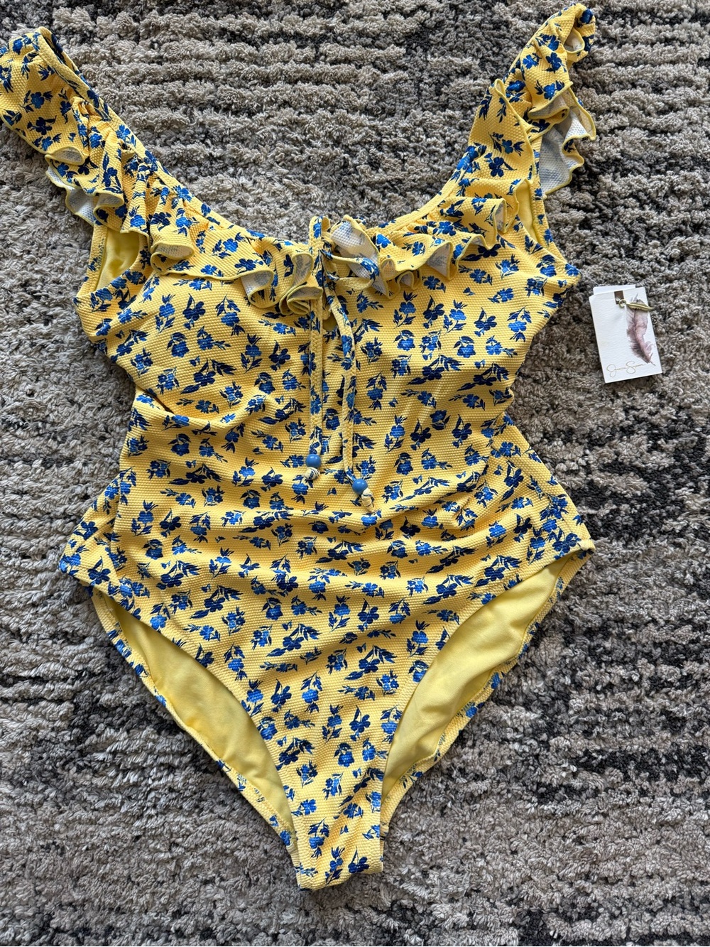 Jessica Simpson Yellow One-Piece Swimsuit with Blue Floral Print and Ruffle Trim